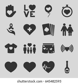 Heart icons set. set of 16 heart filled icons such as pllaying card, heart, stopwatch, family, love word, ribbon on hand
