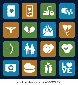 Heart icons set. set of 16 heart filled icons such as broken heart, case with heart, blod pressure tool, heartbeat on phone, bandage, gay couple, love word, love letter, bow