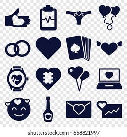 Heart icons set. set of 16 heart filled icons such as pllaying card, emot in love, heart with wings, heartbeat clipboard, engagement ring, love letter