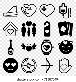 Heart icons set. set of 16 heart filled and outline icons such as pllaying card, emot in love, drop counter, family, heart angel wings, champagne bottle with heart, treadmill