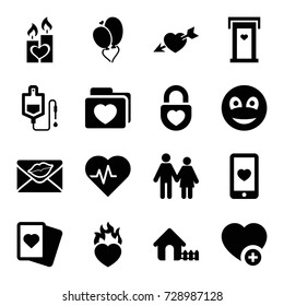 Heart icons set. set of 16 heart filled icons such as door with heart, house, spades, drop counter, add favorite, love letter, smiley