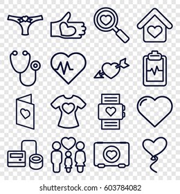 Heart icons set. set of 16 heart outline icons such as heart, case with heart, stethoscope, blod pressure tool, family, love card