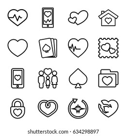 Heart icons set. set of 16 heart outline icons such as pllaying card, spades, heartbeat, heartbeat on phone