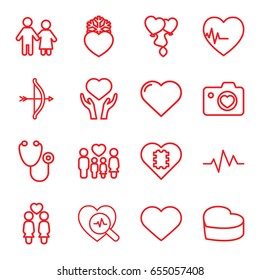 Heart icons set. set of 16 heart outline icons such as heart, stethoscope, heart on hand, women couple, family, couple