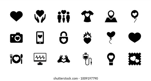 Heart icons. set of 18 editable filled heart icons: hand with heart, t-shirt with heart, family, drop counter