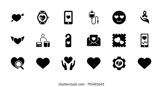 Heart icons. set of 18 editable filled heart icons: heart, emot in love, heart in gear, love letter, ribbon on hand, blod pressure tool