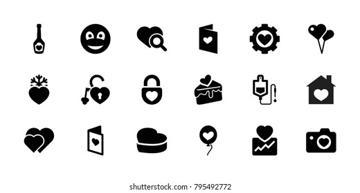 Heart icons. set of 18 editable filled heart icons: heart shaped air balloon, drop counter, love letter, cake slice, smiley, love card