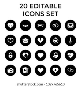 Heart icons. set of 20 editable filled heart icons such as pllaying card, engagement ring, love letter, stopwatch. best quality heart elements in trendy style.