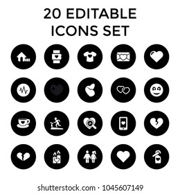 Heart icons. set of 20 editable filled heart icons such as heart, house, smiley, treadmill, couple, love letter. best quality heart elements in trendy style.