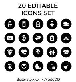 Heart icons. set of 20 editable filled heart icons such as couple, hand, heart shaped air balloon. best quality heart elements in trendy style.