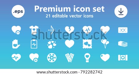 Heart icons. set of 21 editable filled heart icons includes bow, heart, heart shaped air balloon, bandage, add favorite, minus favorite, love letter