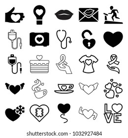 Heart icons. set of 25 editable filled and outline heart icons such as love letter, love word, ribbon on hand, treadmill, stethoscope