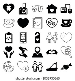 Heart icons. set of 25 editable filled and outline heart icons such as house with heart, blood pressure tool, treadmill,  heartbeat clipboard