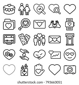 Heart icons. set of 25 editable outline heart icons such as door with heart, hearts, emot in love, couple, heart search, love letter, cardiogram, bandage