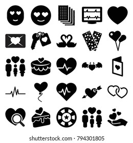 Heart icons. set of 25 editable filled heart icons such as emot in love, heart shaped air balloon, bandage, family, cake slice, love card, casino chip