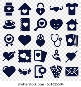 Heart icons set. set of 25 heart filled icons such as pllaying card, spades, stethoscope, bandage, love letter, ribbon on hand