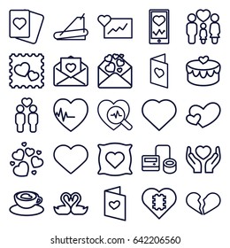 Heart icons set. set of 25 heart outline icons such as pillow with heart on it, hearts, spades, blod pressure tool, treadmill, heartbeat on phone, hands holding heart, family