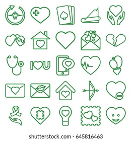 Heart icons set. set of 25 heart outline icons such as pllaying card, heart with cross, stethoscope, treadmill, minus favorite, love letter, i love you, ribbon on hand