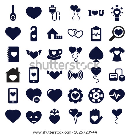Heart icons. set of 36 editable filled heart icons such as heart, house, with wings, shaped air balloon,  blood pressure tool, spades