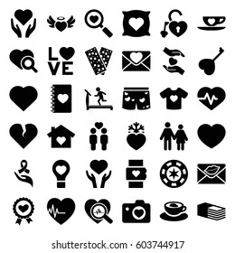 Heart icons set. set of 36 heart filled icons such as pillow with heart on it, treadmill, Hearts, heartbeat, bandage, gay couple, love letter, love word, ribbon on hand