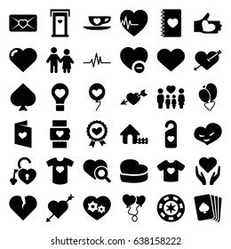 Heart icons set. set of 36 heart filled icons such as door with heart, house, pllaying card, spades, family, minus favorite, love letter, casino chip