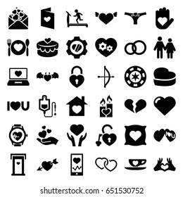 Heart icons set. set of 36 heart filled icons such as door with heart, pillow with heart on it, treadmill, drop counter, love letter, i love you, bow, casino chip, couple