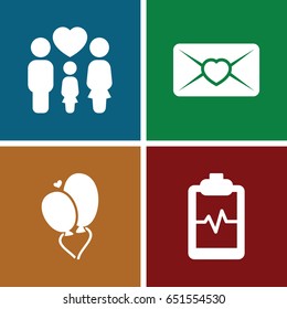 Heart icons set. set of 4 heart filled icons such as heartbeat clipboard, family, love letter