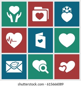 Heart icons set. set of 9 heart filled icons such as heart search