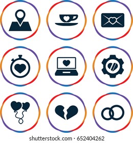 Heart icons set. set of 9 heart filled icons such as stopwatch, location pin, love letter