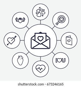 Heart icons set. set of 9 heart outline icons such as heartbeat, love letter