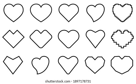 Heart icons set. Black heart icons in flat linear design. Love symbol isolated. Vector illustration.