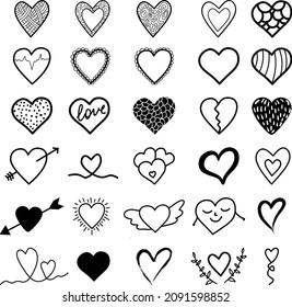 Heart icons set. Black hearts decor. Valentine's day. Vector illustration. 