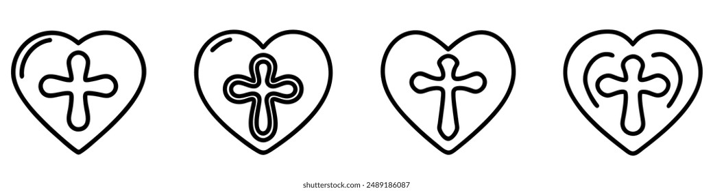 Heart icons set. Black silhouette of heart containing a white christian cross, symbolizing the christian faith and love. Vector illustration
