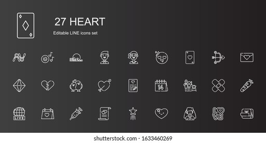 heart icons set. Collection of heart with bride, favorite, marriage, vaccine, wedding day, live, father and son, valentines day, love letter. Editable and scalable heart icons.