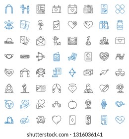 heart icons set. Collection of heart with broken heart, wedding contract, standee, ace of diamonds, favorite, wedding car, romantic music, workout. Editable and scalable icons.