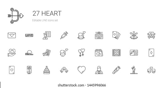 heart icons set. Collection of heart with healthy food, groom, favorite, love birds, wedding cake, standee, ace of hearts, wedding video, valentines day. Editable and scalable heart icons.