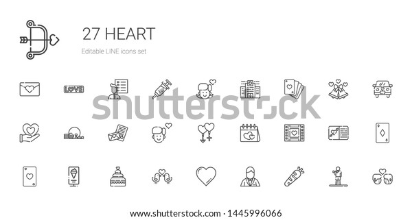 heart\
icons set. Collection of heart with healthy food, groom, favorite,\
love birds, wedding cake, standee, ace of hearts, wedding video,\
valentines day. Editable and scalable heart\
icons.