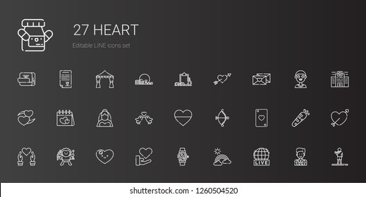 heart icons set. Collection of heart with live, rainbow, smartwatch, love, cupid, ace of hearts, love birds, bride, valentines day, love letter. Editable and scalable heart icons.