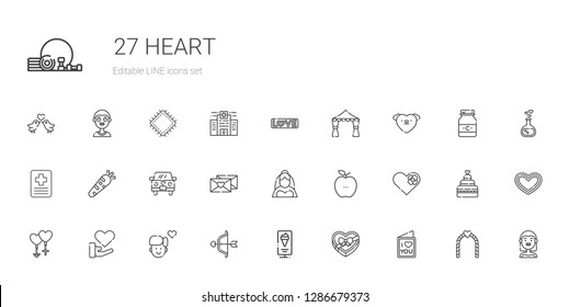 heart icons set. Collection of heart with love letter, chocolate box, standee, cupid, boy, love, couple, healthy food, bride, wedding car, hospital. Editable and scalable heart icons.