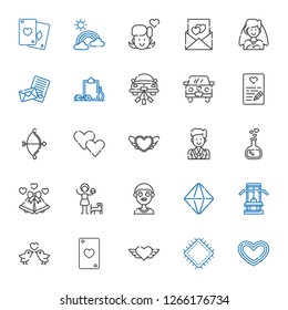 heart icons set. Collection of heart with patch, ace of hearts, love birds, gym, minerals, boy, girl, wedding bells, love potion, groom, cupid. Editable and scalable heart icons.