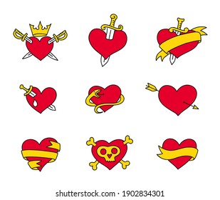 Heart icons set collection. Pierce arrow. Pirate bones. Snake skull and knife. Red and yellow ribbon. Valentines day love for men. Vector illustration.