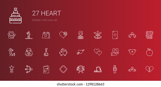 Heart Icons Set. Collection Of Heart With Smartwatch, Workout, Cupid, Patch, Wedding Invitation, Favorite, Love Birds, Love Potion, Bride, Girl. Editable And Scalable Heart Icons.