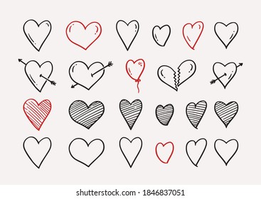 Heart Icons Set collection, unique hand drawn hearts icons for illustration element, decorative, pattern elememnt, and etc. Love symbol set. Vector illustration