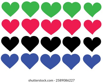Heart icons set in different colour with white background, love heart icons, pink, red, black And green hearts symbols . heart vector