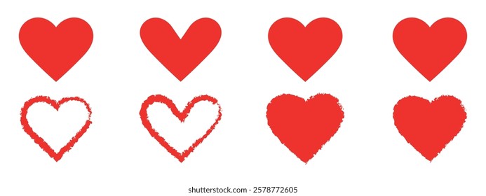 Heart icons set,  different shapes for web. Heart collection. Vector Art, Artistic red heart love symbols isolated editable vector.