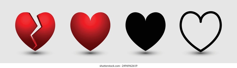 Heart icons set, especially on social media platforms, in text messages, and in design elements. Vector illustration