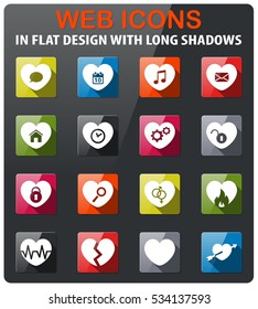 Heart icons set in flat design with long shadow