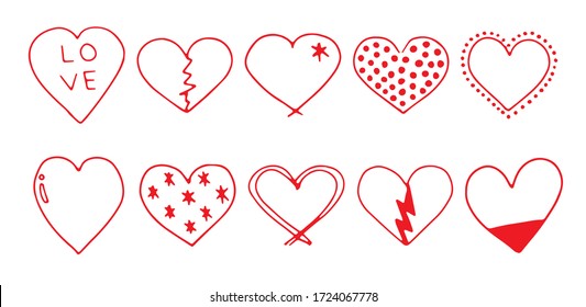 Heart icons set. Hand drawn hearts doodles collection. Romance and love icon vector illustrations.