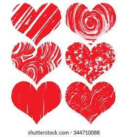 Heart icons set, hand drawn icons in red color for valentines. Collection of grunge vector hearts for wedding. Made of chalk and watercolour.