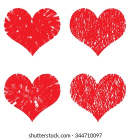 Heart icons set, hand drawn icons in red color for valentines. Collection of grunge vector hearts for wedding. Made of chalk and watercolour.